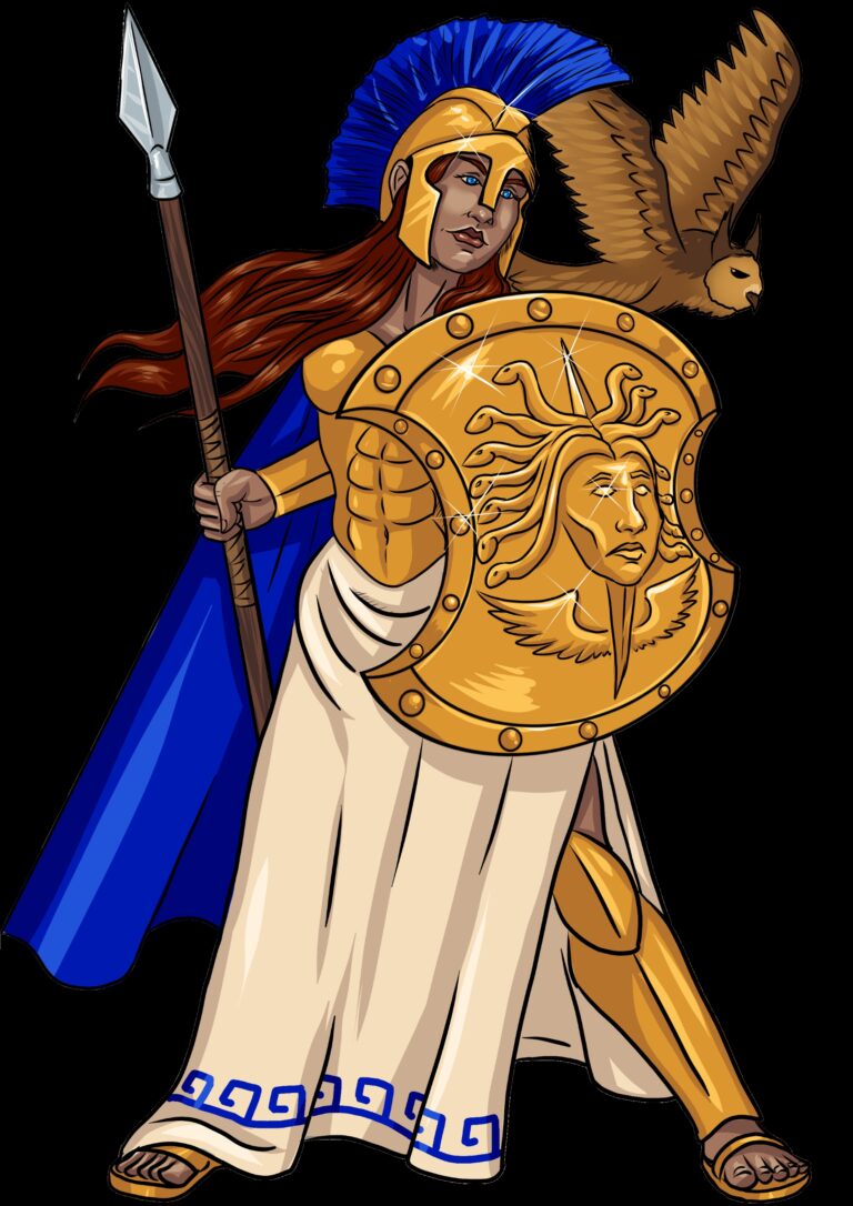 A comic booth style rendition of Athena with a billowing blue cloak and crest wielding a spear and greek style shield with Madusas head engraved on it as an owl flys behind her.