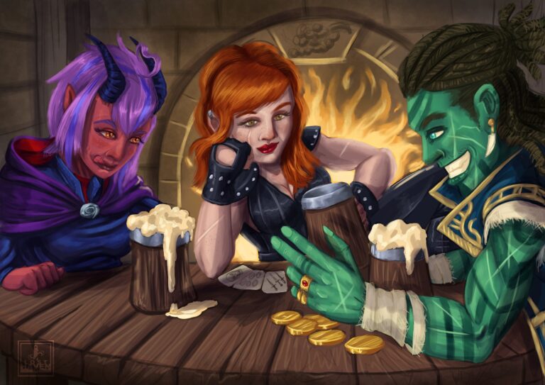 A group of three adventurers sit at a tavern table having some drinks, counting coins, joking and enjoying the warmth of a fire.