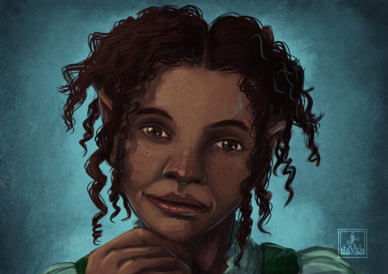 This is a portrait of a dark skinned hobbit girl with a slight smile leaning on her hand.