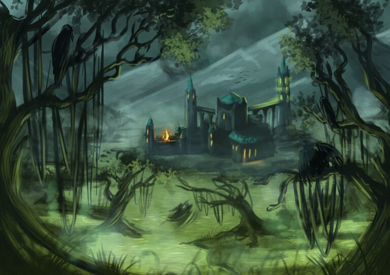 A ruined castle lies in the middle of a eerie green swamp.