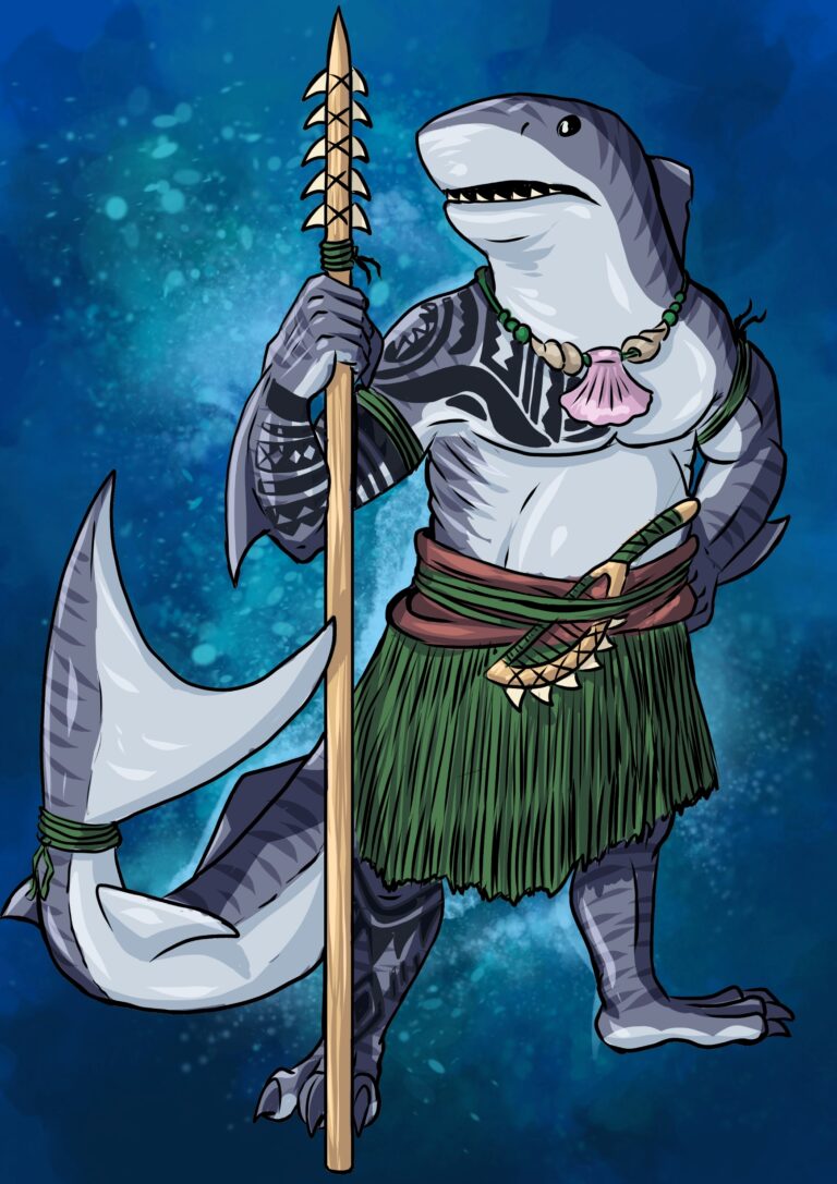 Humanoid Shark with polynesian style tattoos and markings, wearing a grass skirt with a spear of shark teeth.