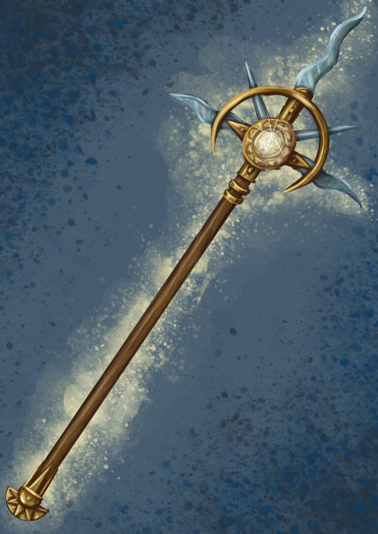 A spear with wavy blades protruding from a white gemstone centrepiece.