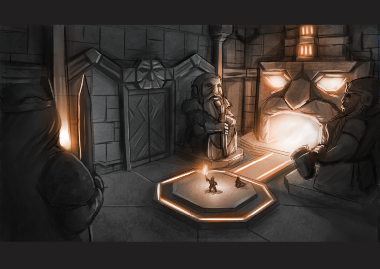 An interior scene shows Dwarven archetecture with a figure holding up a torch lit from the huge furnace behind them.