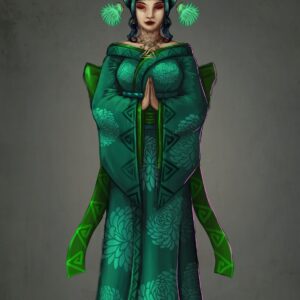 Japanese style woman in a green kimono covered in crysamthimums with a massive bow tying it at the back. She has a growing green clown of ghostly flowers.