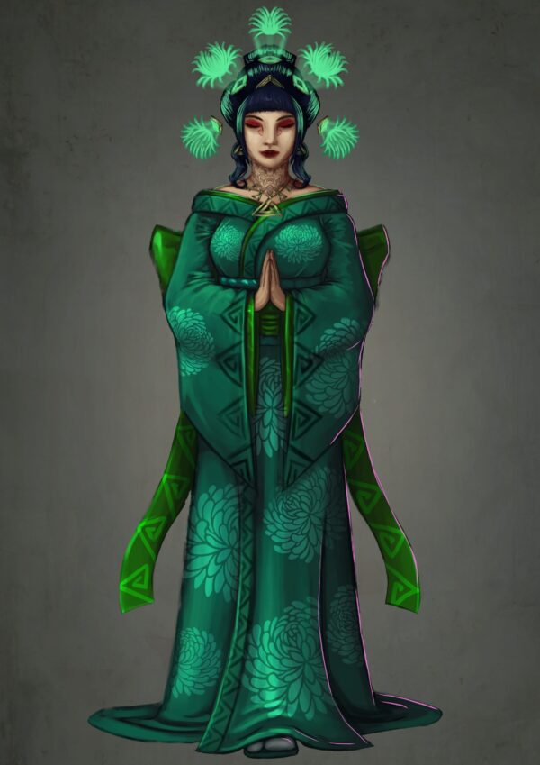 Japanese style woman in a green kimono covered in crysamthimums with a massive bow tying it at the back. She has a growing green clown of ghostly flowers.